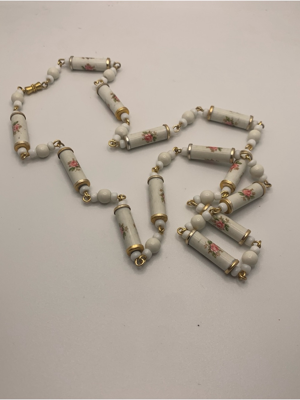Vintage White Porcelain Tube Necklace with Pink Floral Motifs